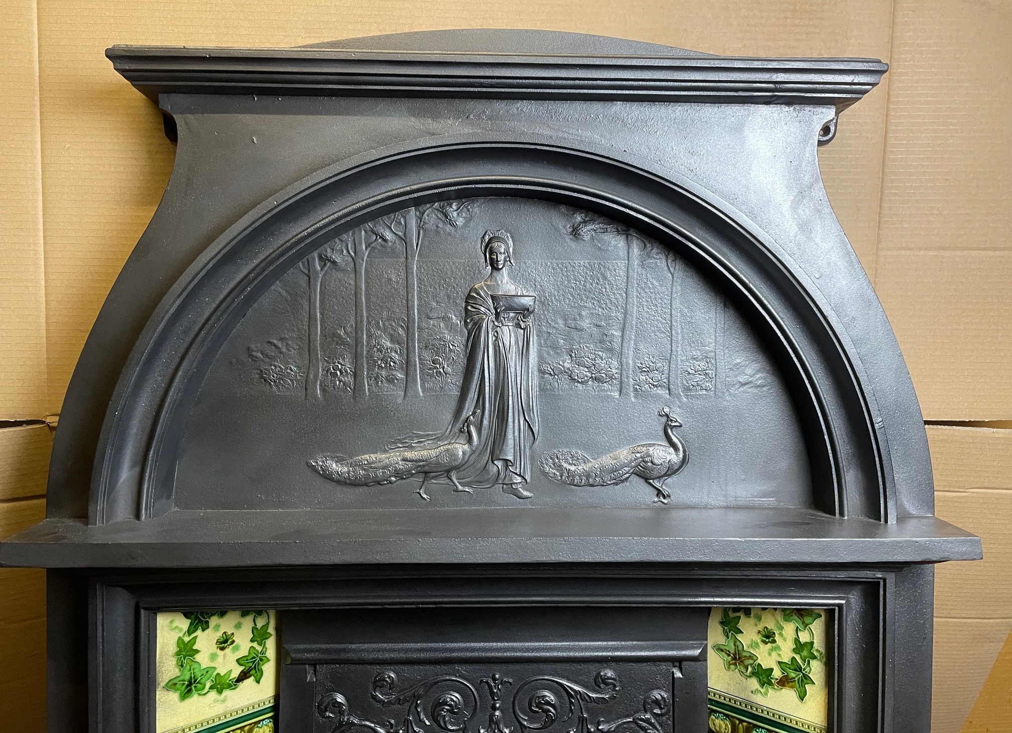 Antique Edwardian cast iron fireplace - close