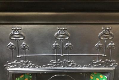 Antique cast iron art nouveau tiled combination fireplace - top