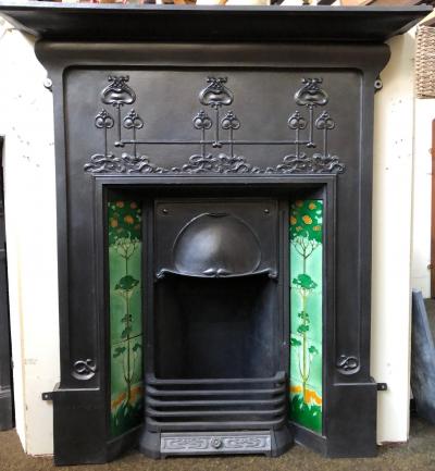 Antique cast iron art nouveau tiled combination fireplace