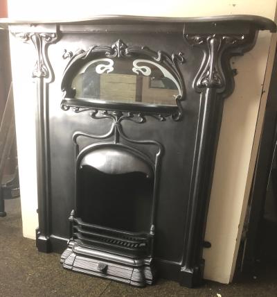 Vintage Cast Iron Art Nouveau Fireplace - reverse