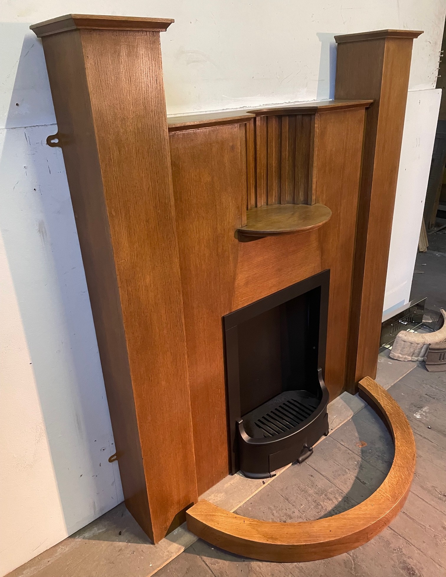Antique 1930s Art Deco Oak Fireplace - left